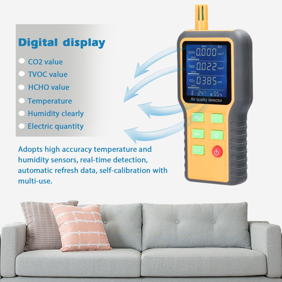 5-in-1 Air Quality Meter CO2 TVOC HCHO Temp Humidity Backlit Compact