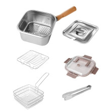 Padella In Acciaio Inox per Friggitrice Quadrata A Risparmio di Olio con Manico A Cestello, Friggitrice Versatile con Coperchio per Cucina
