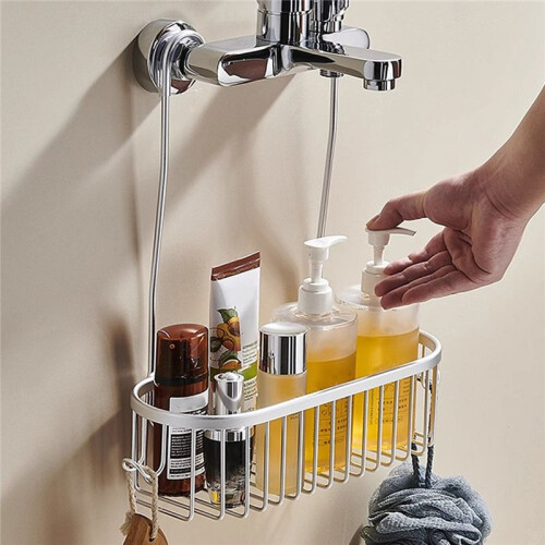 Dusch-Hänge-Organizer, Duschkorb mit Haken, Ablage Ohne Bohren, Duschregal für Duschhahn oder Querstange, Grau 1