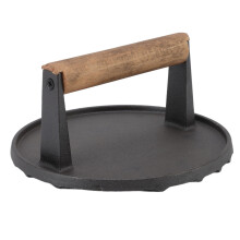 Burgerpresse, lebensmittelechte Grillpresse aus Gusseisen mit Holzgriff, robuste Fleischpresse für Grillplatten, Panini, Speck und Steaks,