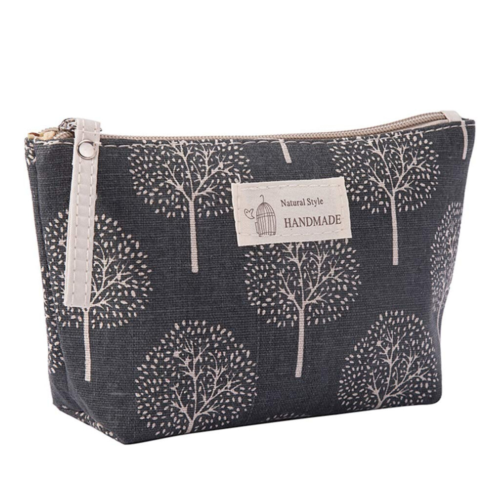 Grey Cotton Linen Makeup Bag With Secure Zipper, Compact Cosmetic Pouch For Women Girls Travel
