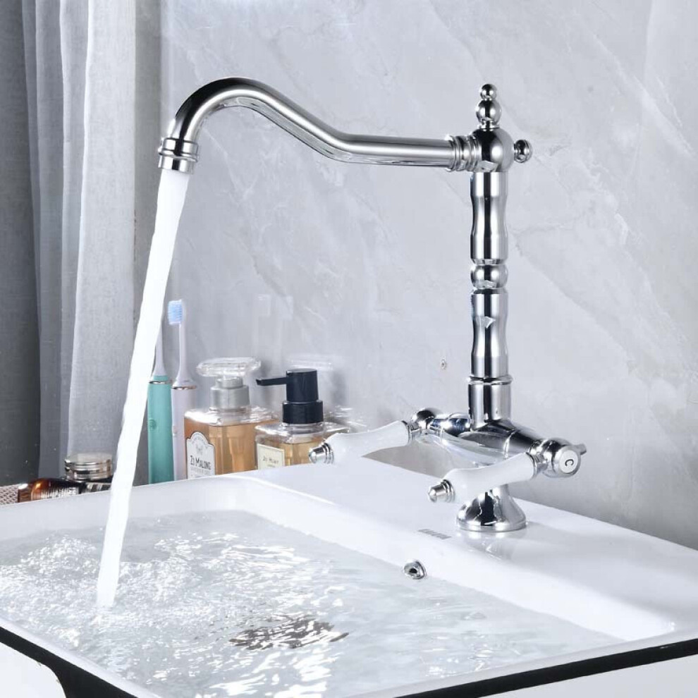 Bathroom Basin Mixer Tap Retro Brass Twohandle Faucet With 360Degree Swivel Spout Hot And Cold Water Antique 9199774144353