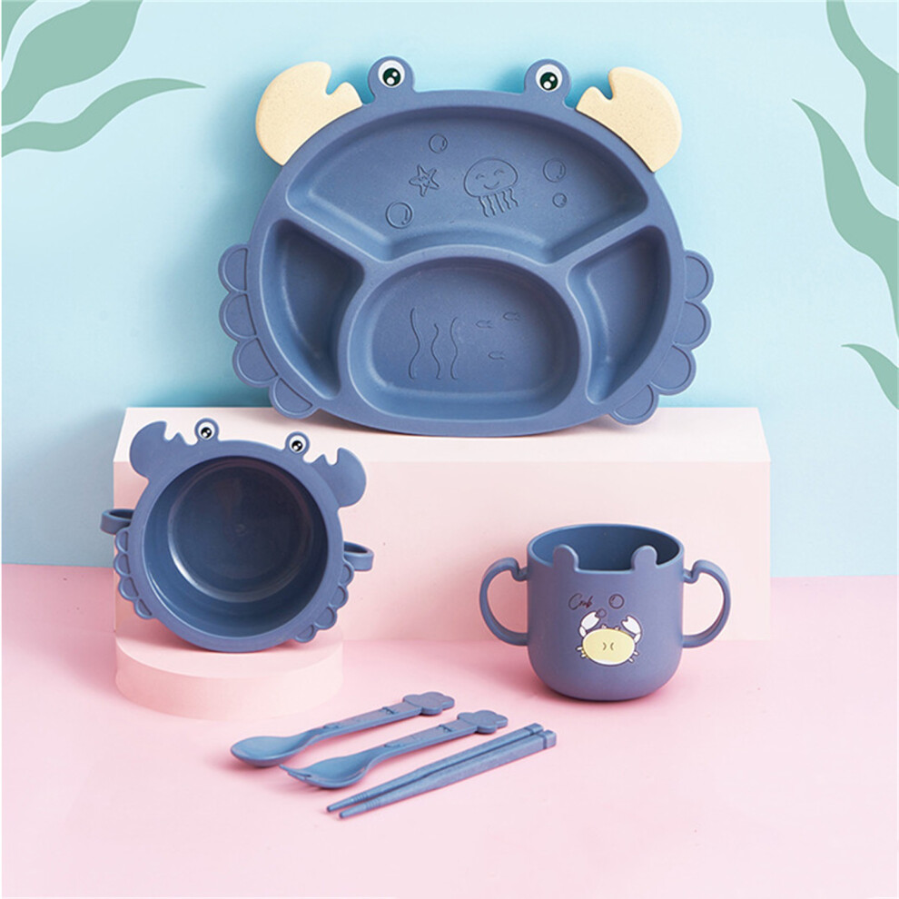 Kids Cartoon Drop-Resistant Cutlery Plate Set Wheat Straw Pp Blue