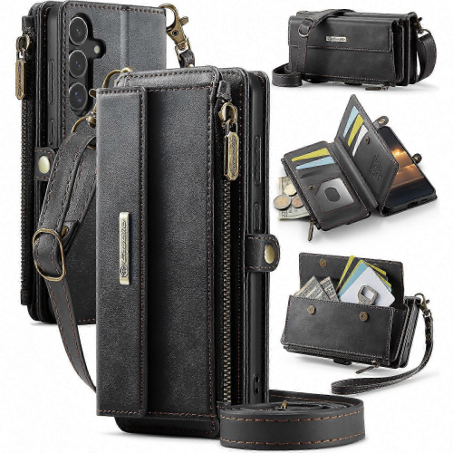 BlackGalaxy S25 FE Case with RFID Zipper Wallet, Leather Stand Cover & Strap