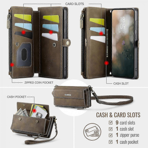 BrownGalaxy S25 FE Case with RFID Zipper Wallet, Leather Stand Cover & Strap 2