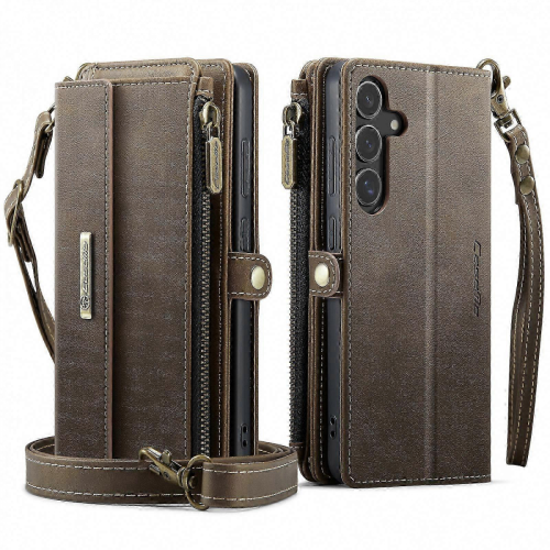 BrownGalaxy S25 FE Case with RFID Zipper Wallet, Leather Stand Cover & Strap 1