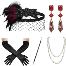 Set di accessori Grande Gatsby anni '20 rosso gelso per donna, fascia per capelli flapper, set per costumi anni '20 ruggenti