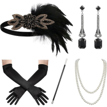 Set di accessori neri anni '20 Grande Gatsby per donna, fascia per capelli flapper, set per costumi anni '20 ruggenti