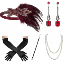 Set di accessori per donna stile Grande Gatsby anni '20, rosso vino, fascia capelli flapper