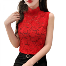Maglietta donna pizzo scollo a V rosso medio, slim, elegante, autunnale, bianca