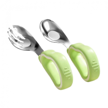 Baby Spoon and Fork Set - Silicone Feeding Utensils, 316 Stainless Steel, Green Color, Safe for Infants