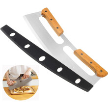 35cm Stainless Steel Pizza Rocker Cutter with Cover, Large Double Handle Curved Blade Slicer Knife
