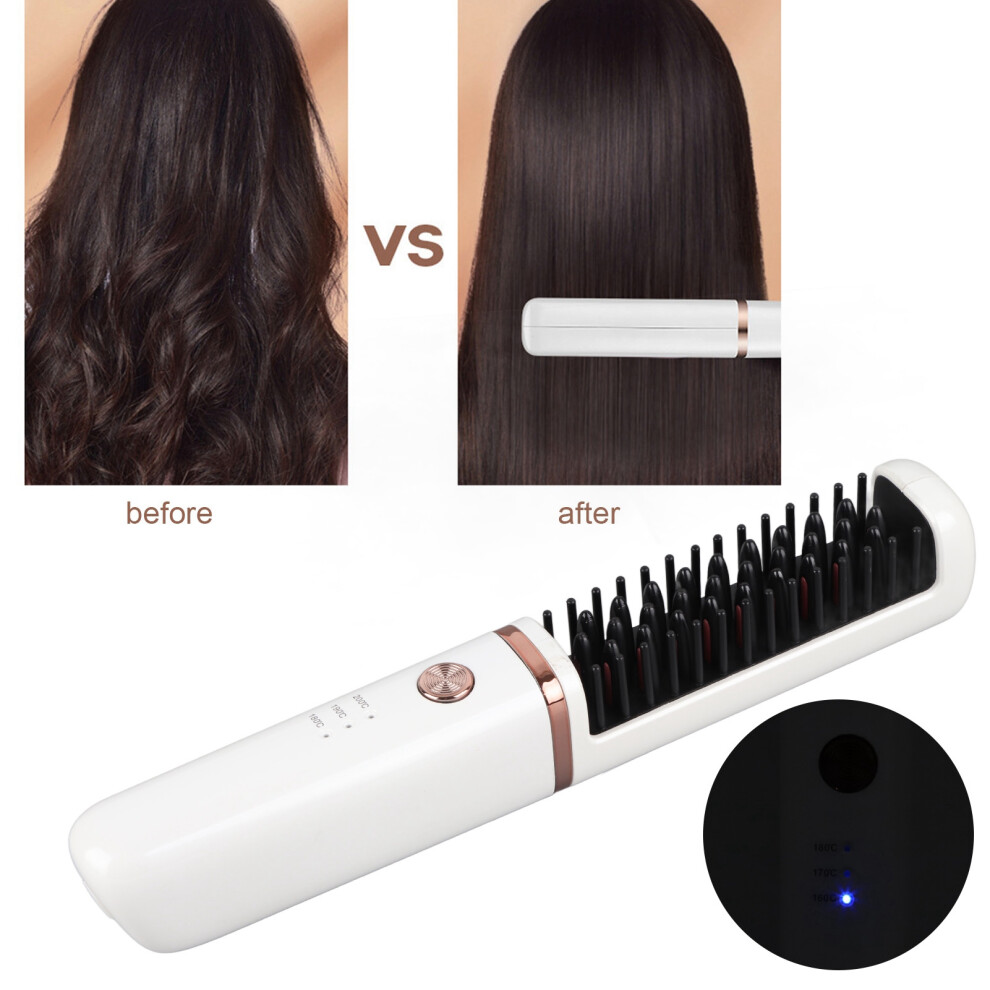 Portable Pearl White Hair Brush USB Rechargeable Straightener & Curler