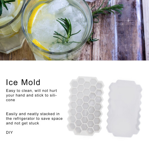 Flexible 37 Grids Silicone Ice Cube Tray with Cover Honeycomb Pattern White 2