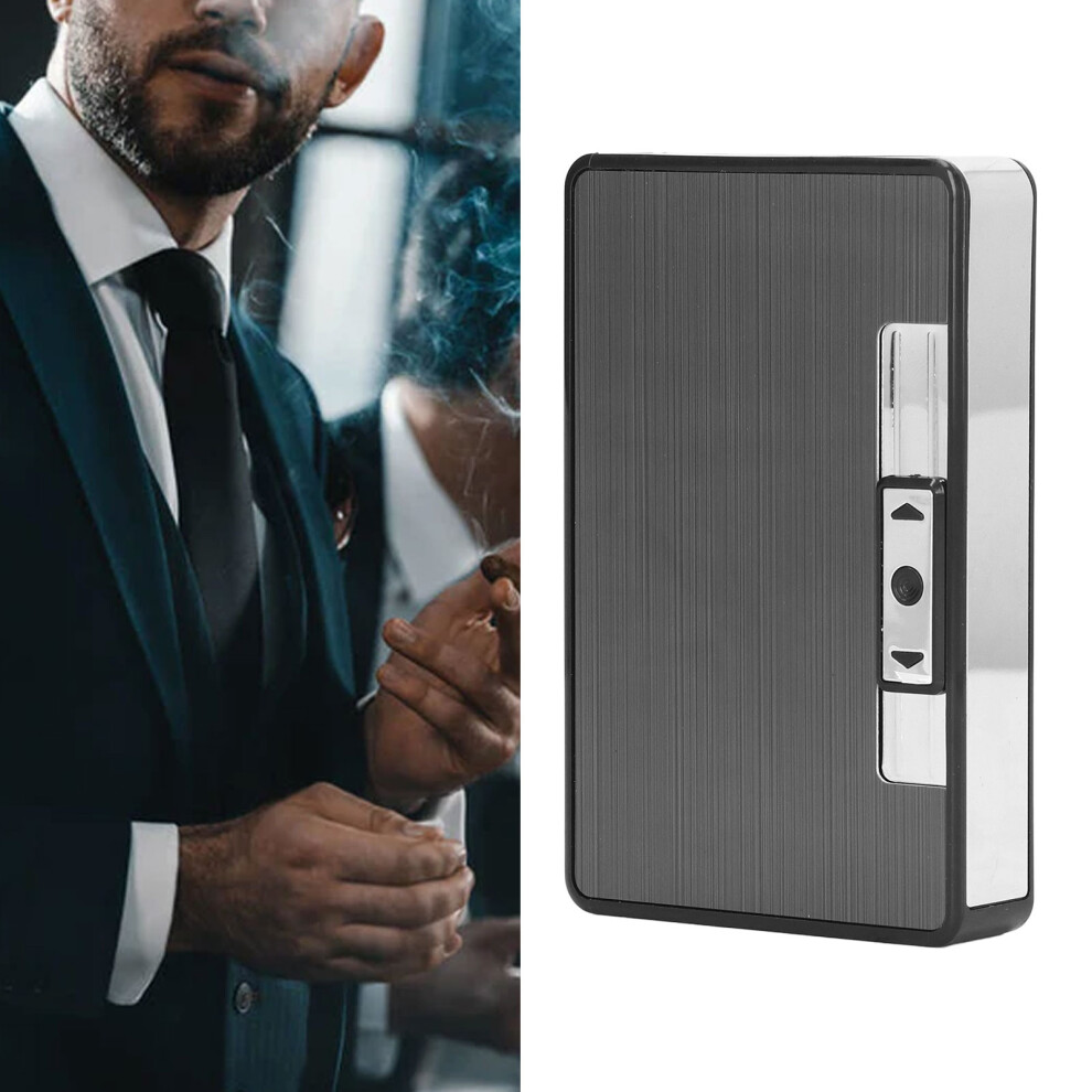 Compact Metal Cigarette Case with USB Lighter - Black Polished Design