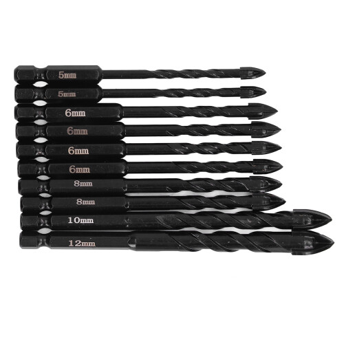 10PCS Masonry Drill Bits Set, 3 Flute Cemented Carbide, Hex Shank 1