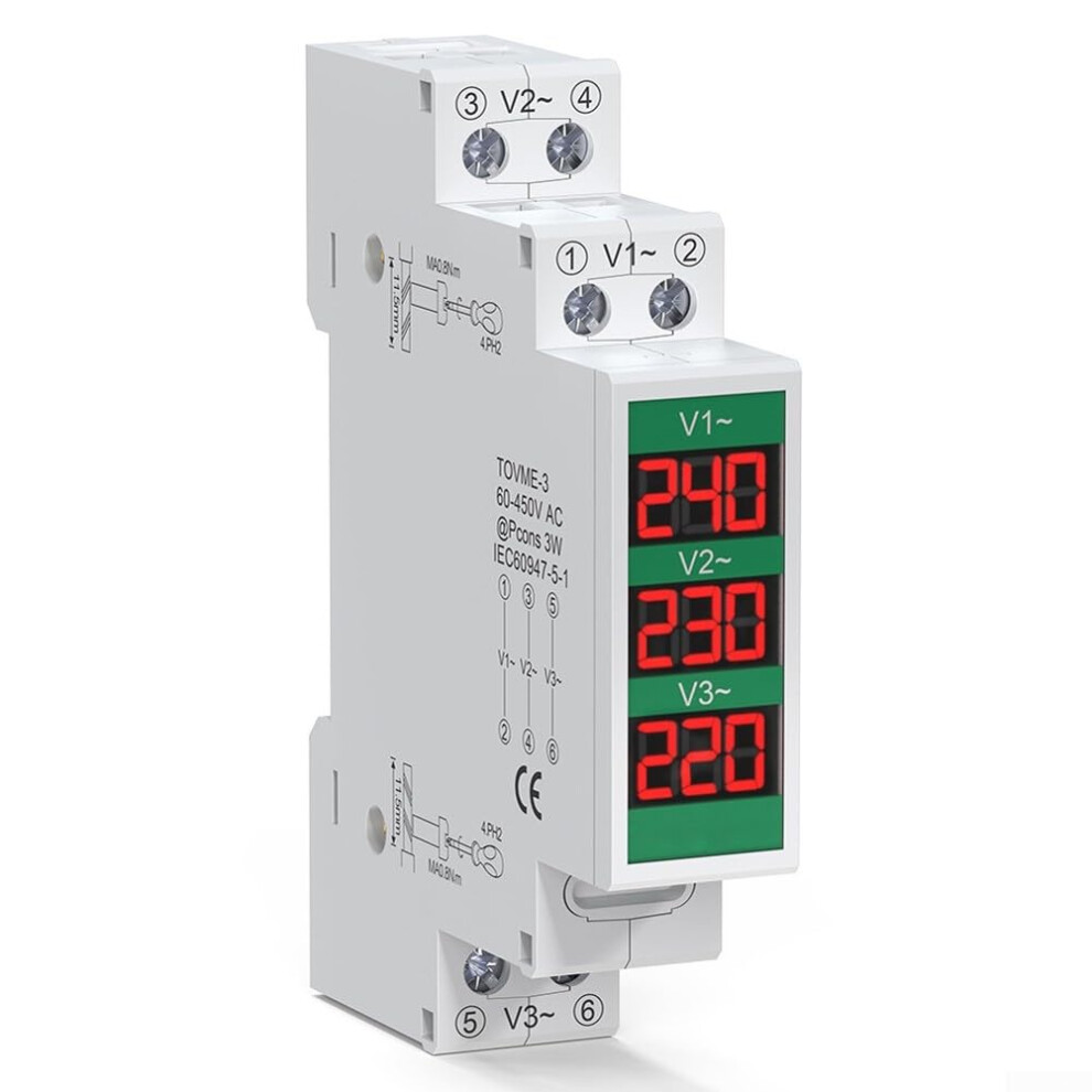 3 Phase Digital Voltmeter Led Realtime Display 80V500v Triple Monitor Industrial Din Rail Mount 9199774065740