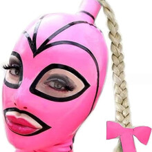 Latex Hood with Twist Braid Wig, Pink Black Stripe Full Face Mask with Back Zipper XXL