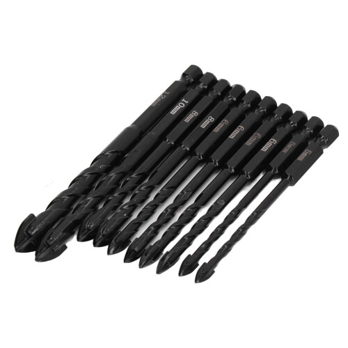 10PCS Masonry Drill Bits Set, 3 Flute Cemented Carbide, Hex Shank 2
