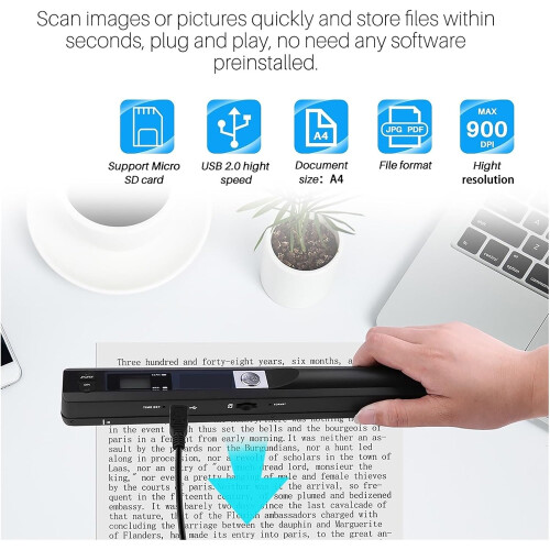 Scanner Portable Handheld A4 Document Image Scanner 900DPI USB 2.0 JPG PDF Format 1 1