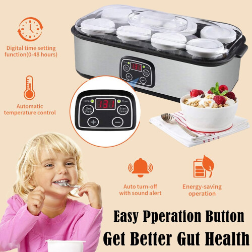 Electric Yogurt Maker with Adjustable Temperature and Timer, 8 Glass Jars, 48Hour Fermentation 1