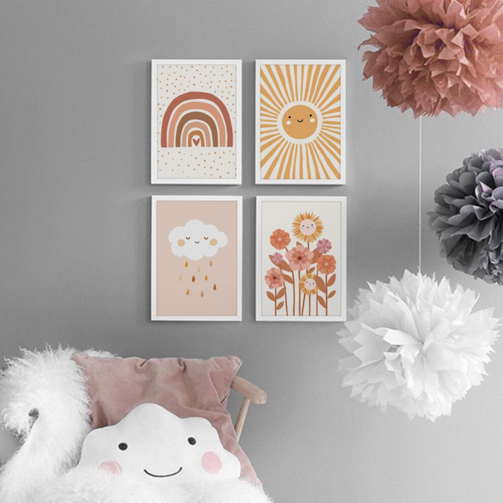 Nursery Wall Art Canvas Posters Set of 4 Cartoon Clouds Sun Flowers Rainbow 30x50cm Baby Kids Room Decor