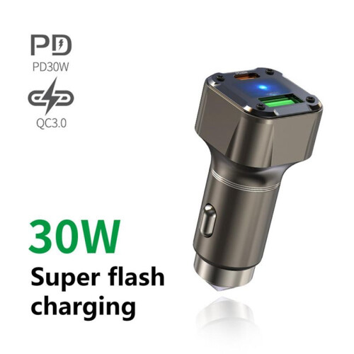 Autoladegerät USB C 30W Telefon-Autoladegerät mit Sicherheitshammer-Design USB-Autoadapter Multifunktions-Autoladegerät-Adapter 2
