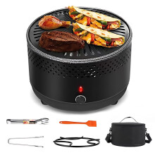 Smokeless Charcoal BBQ Grill with Electric Fan, Adjustable Heat, Tabletop for Camping and Outdoor Cooking