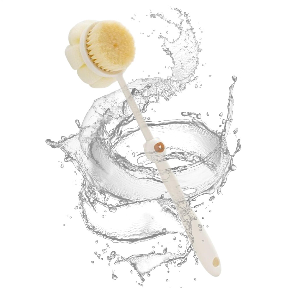 Back Scrubber for Shower LongHandle Bath Scrub Brush DoubleSided Bristles CreamColored