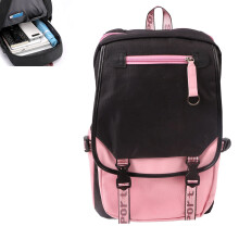 Sac à dos décontracté en polyester avec ports USB et casque, noir et rose