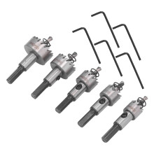 Set da 5 corone da trapano in HSS, diametri 16–30 mm, lunghezza 70 mm.