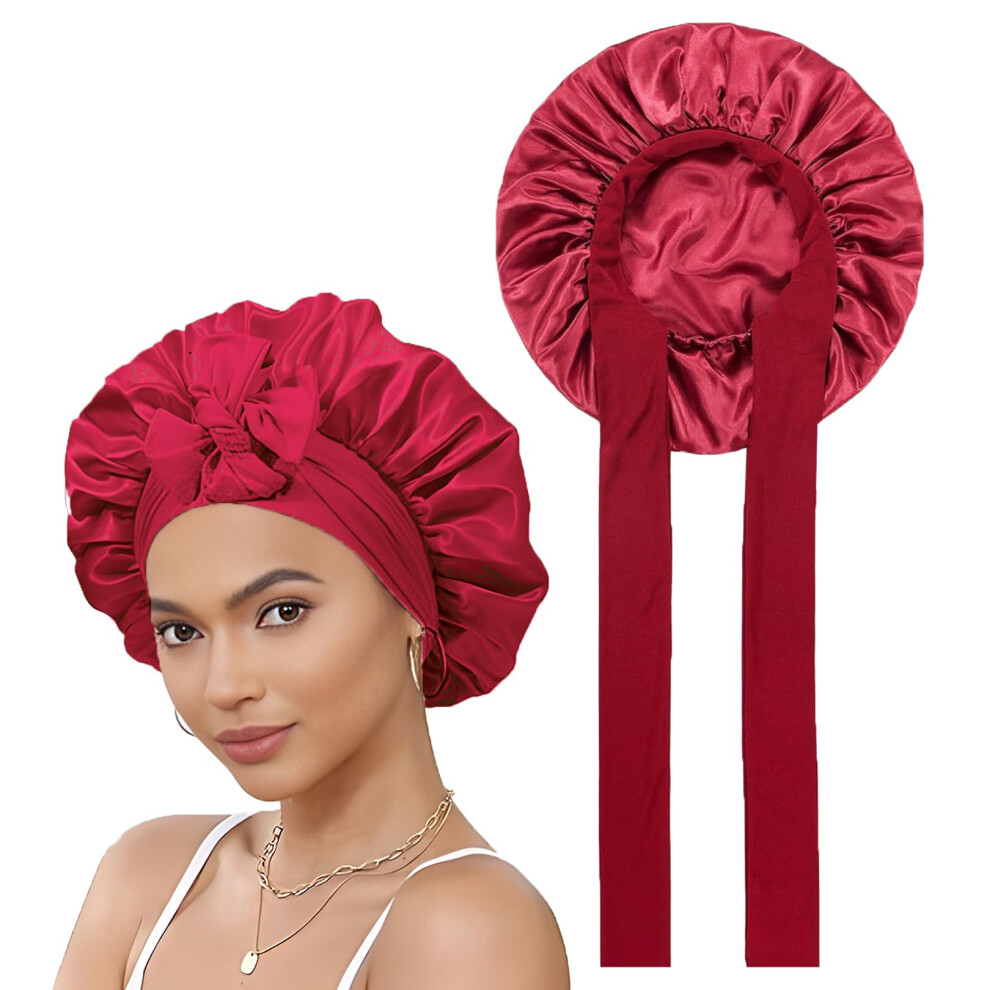 Unisex Red Silk Bonnet For Sleeping, Adjustable Satin Hair Cap For Women, Breathable Sleep Cap For Curly And Straight Hair, Wine