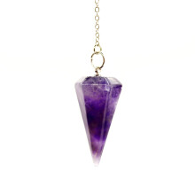 Divination Pendulum Amethyst Crystal Natural Violet Amethyst for Dowsing Chakra Reiki, Pointed With Chain and Pouch