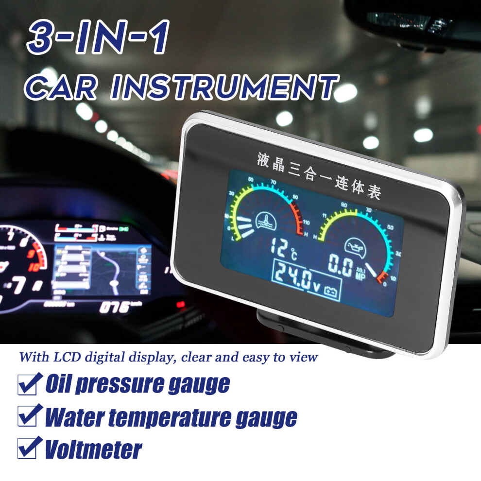 3-In-1 Car Lcd Gauge: Oil Pressure Water Temp Volt 9-36V Black 4901375689516