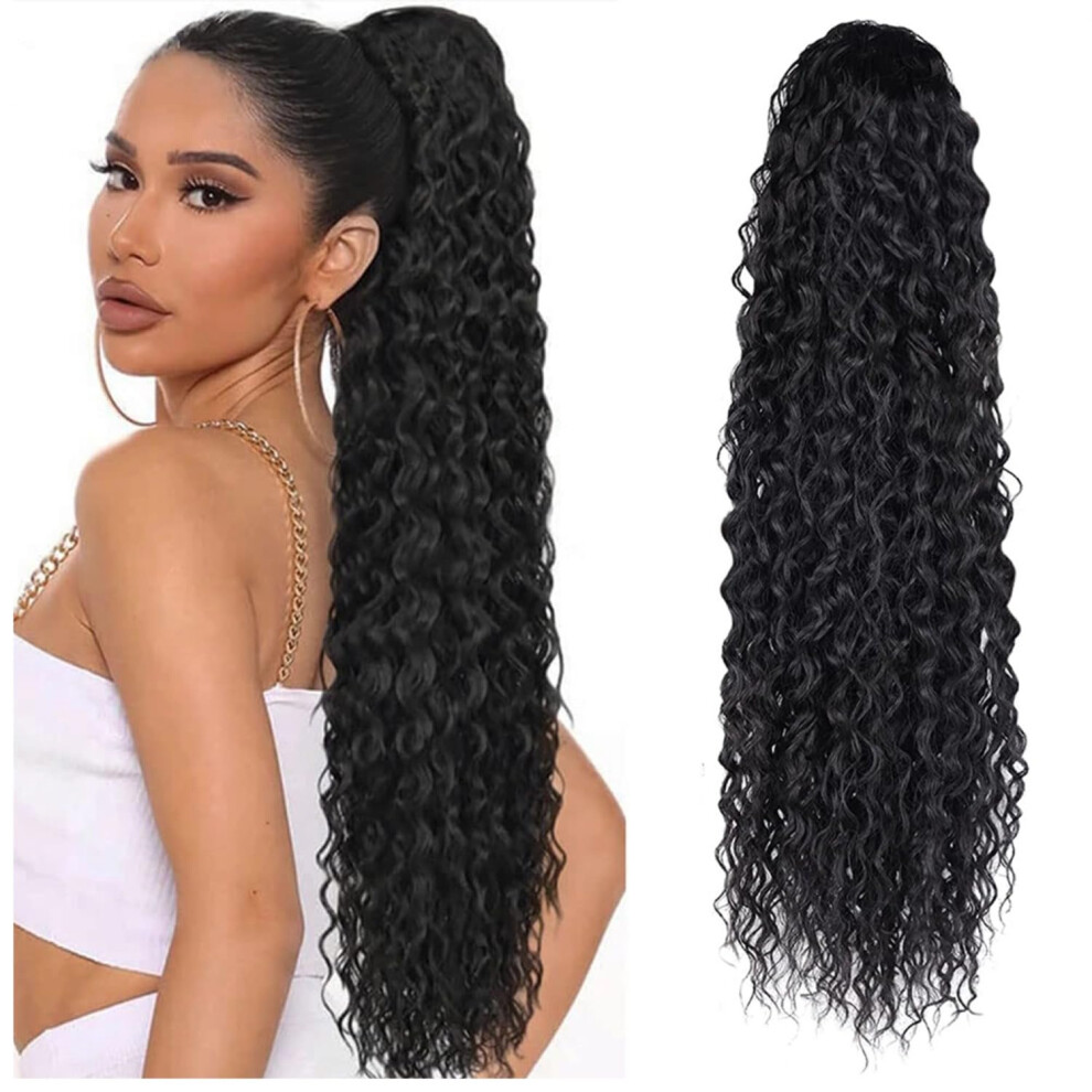 22 Inch Long Curly Ponytail Hair Extension ClipIn MultiLayered Synthetic Hairpiece Natural Black