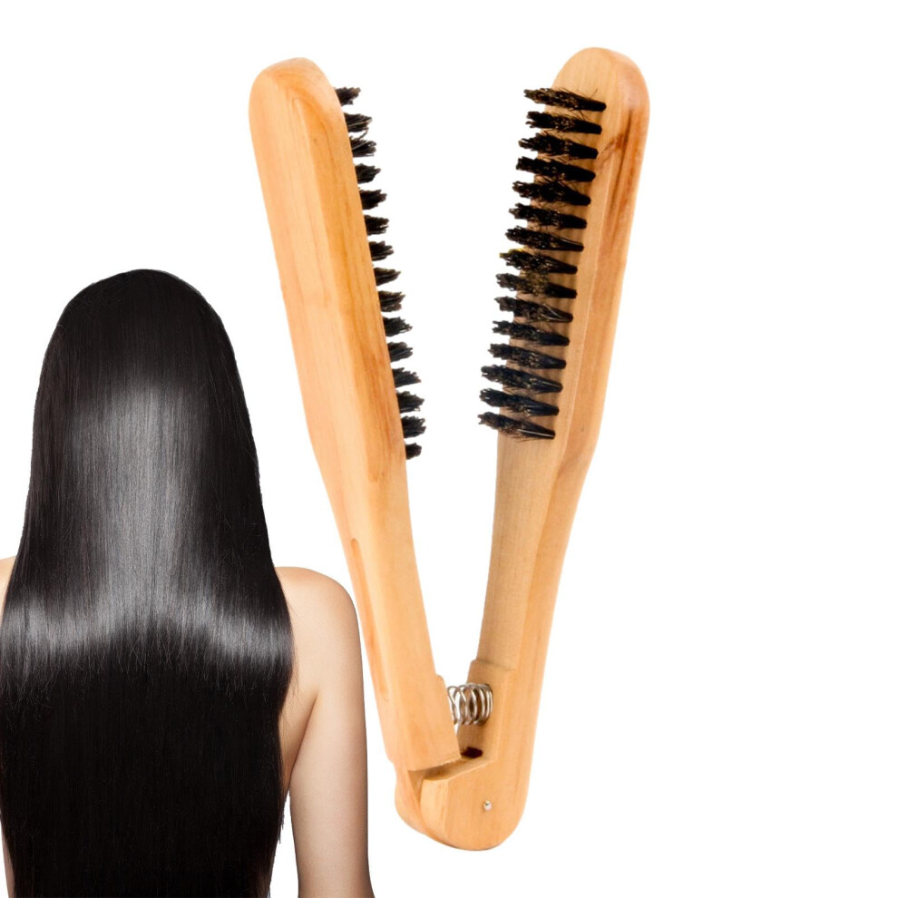 Hair Straightener Brush with Boar Bristles, Wooden V Shape AntiStatic Comb for Blow Drying