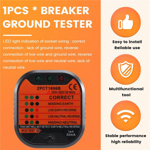 Breaker Ground Tester Safety Instrument Inspections LED Light Trip Current Electtrical Tools Outlet Socket EU Plug 1