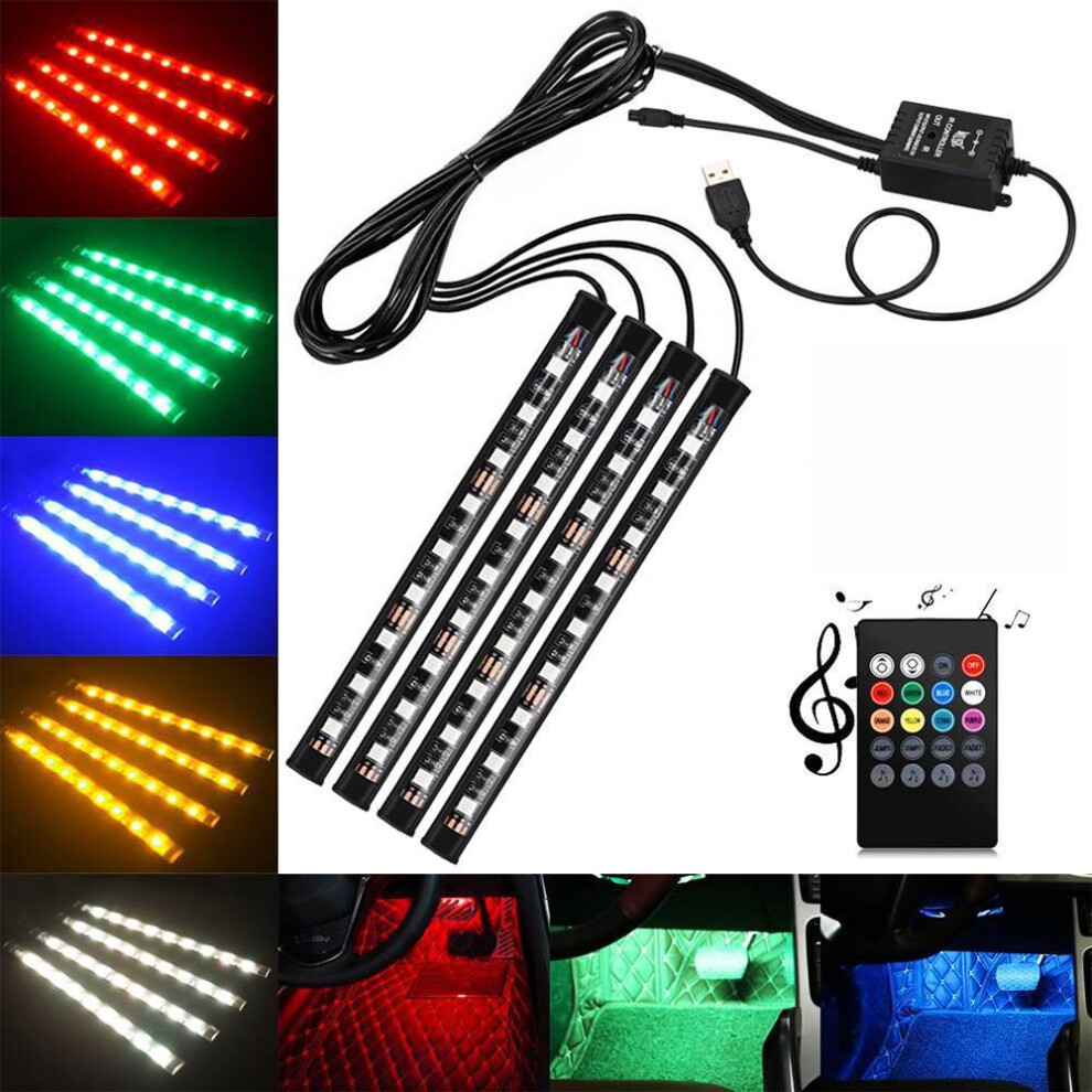 4X Dc12v 9 Led Rgb Car Interior Atmosphere Footwell Strip Usb Charger Light 6031497010849