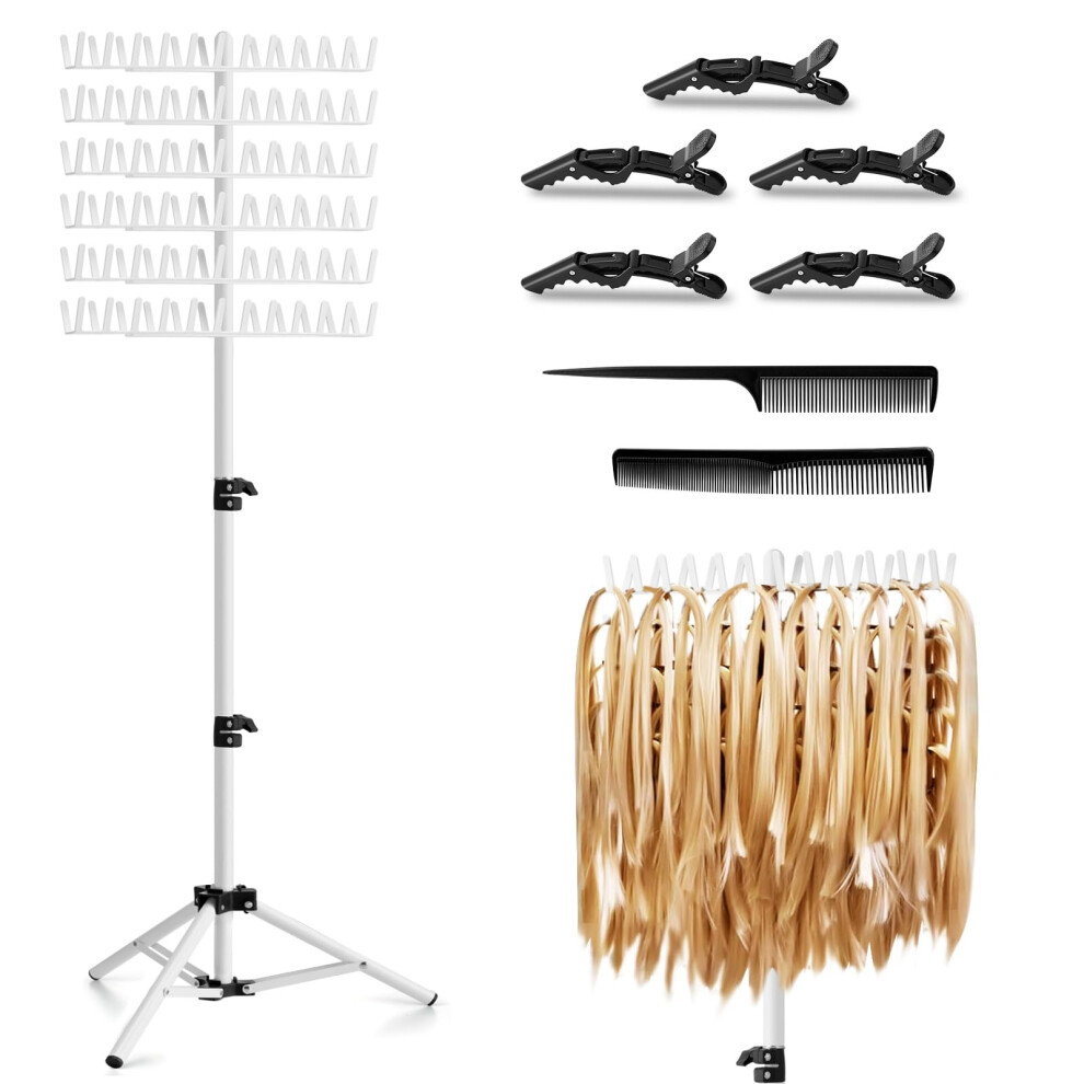 Braiding Hair Rack 144Pegs Standing Hair Extension Holder Hanger, Hair Divider Rack, White Display Stand