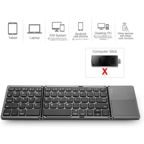 Foldable Bluetooth Keyboard with Touchpad, Wireless Rechargeable, Compact for iOS Android Windows 2