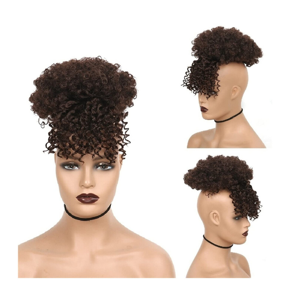 Unisex Black Hair Bun Afro Bubble Drawstring Ponytail With Bangs Synthetic Short Curly Extension For Women Color Q35 4
