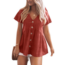 Camicetta a maniche corte da donna, top con scollo a V e bottoni, top babydoll ampio con orlo a balze casual, eleganti top peplum in tinta unita