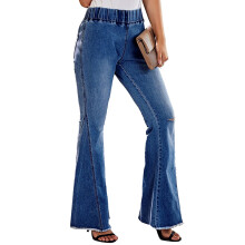 Bell Bottom Jeans for kvinner, vide, utsvingte, elastiske denimbukser med frynsete kant og slim fit-design, høy midje, rippet stil med komfortabel