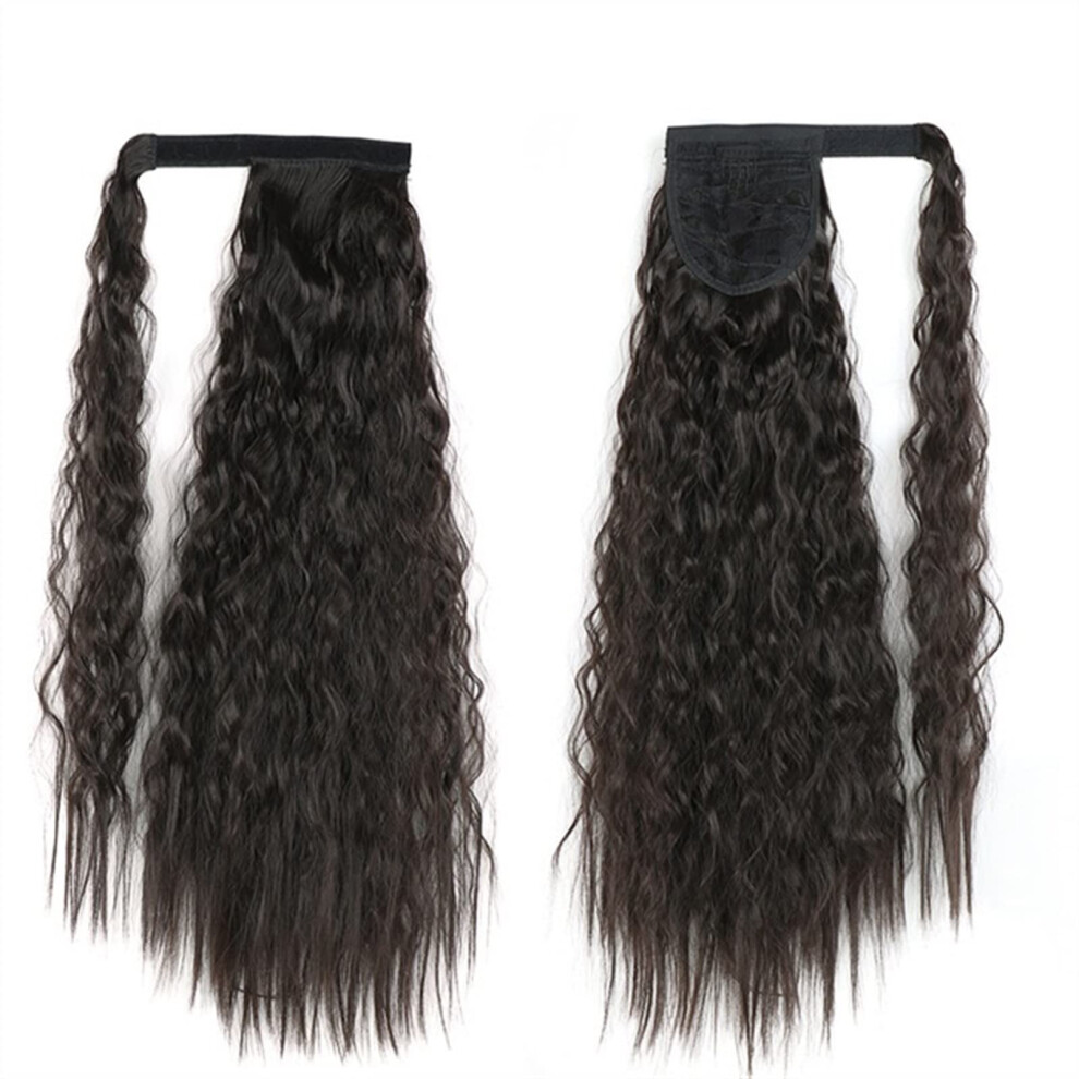 Unisex Brown,Grey Ponytail Extension 22/32 Inch Synthetic Natural Hairpiece, Wraparound Clipin Ponytail, Long Curly Brown Grey Hair