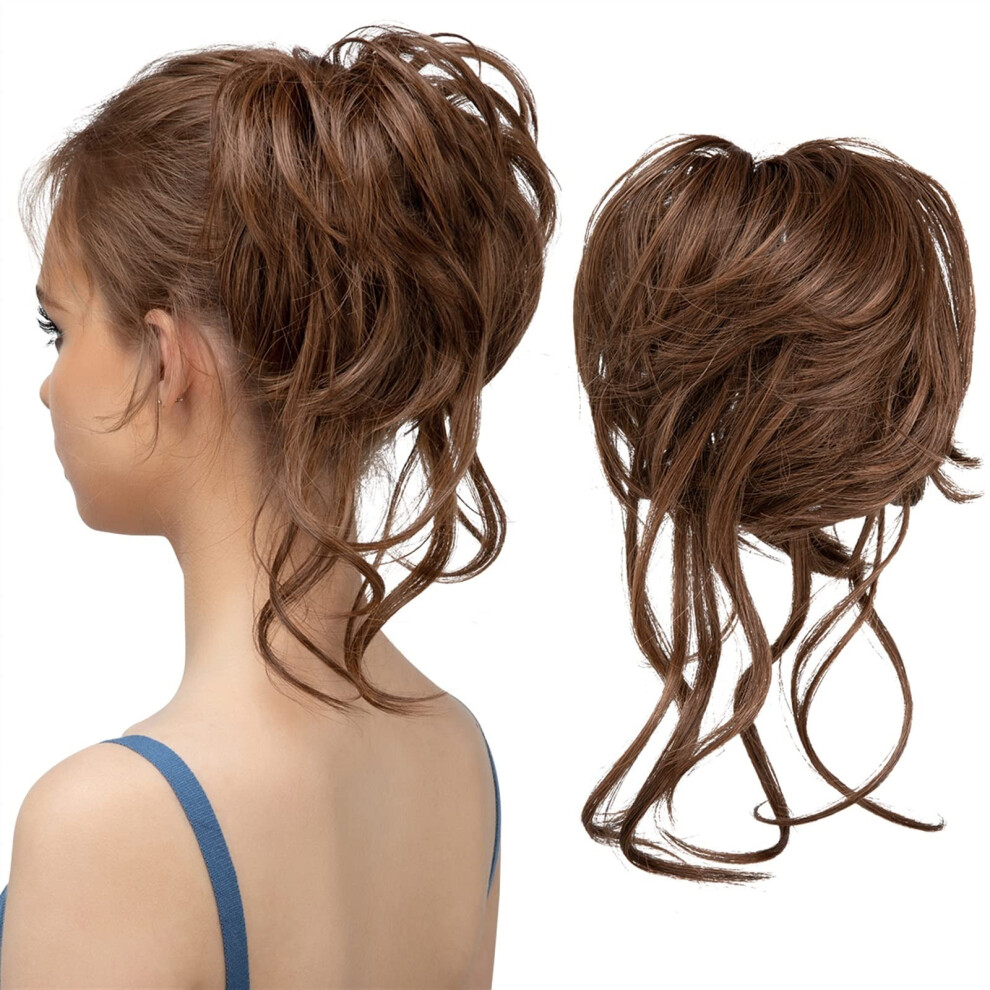 Unisex Brown Hair Extensions Synthetic Messy Bun With Elastic Band Wig Curls Donut Bun Ponytail Hairpiece Light For Women
