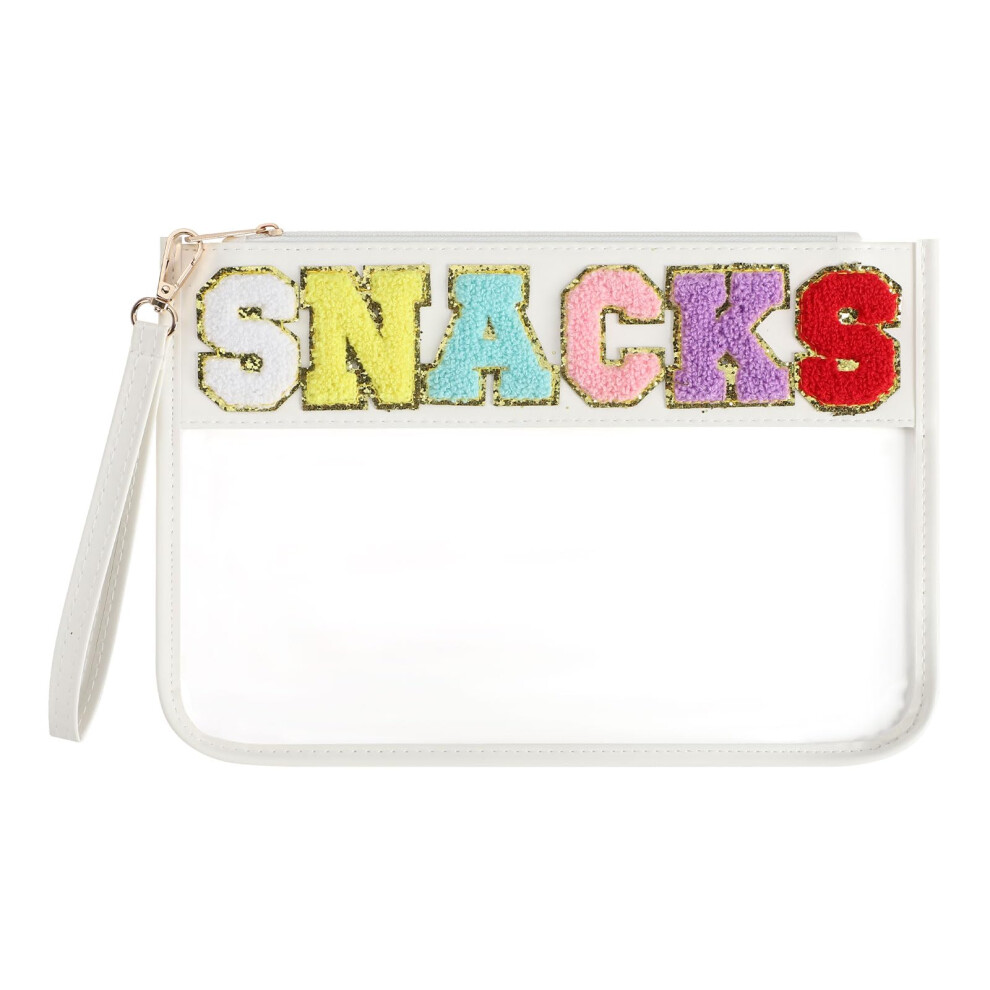 Clear Zipper Pouch for Travel, TravelReady Nylon Cosmetic Bag, Clear Snack Bag with Chenille Letter, White