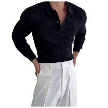 Men's Knitted Jumper Crew Neck Henley Button Long Sleeve Lightweight Black 3XL