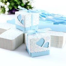 100 Stück Pralinenschachtel mit Deckel, Herzen, hellblaues Band, Geschenkbox, Pralinenschachtel, Hochzeit, Taufe, Baby, Junge. Material: Papier