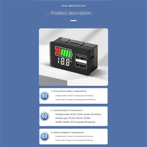 Battery Charge Level Indicator Lithium Battery Capacity Meter Test Display LED Tester VoltíMetro, USB+Type-C  8-30V 2