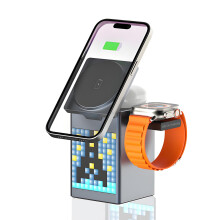 6 in 1 Wireless Charging Station With Bluetooth Speaker Alarm Clock Pixel Display Charger For Phone AirPods Smartwatch